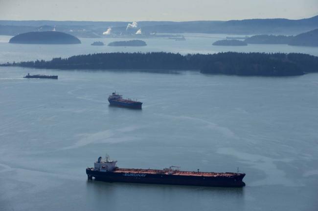 Oil tankers in Samish Bay near the San Juan Islands in 2014 (ERIKA SCHULTZ/THE SEATTLE TIMES)