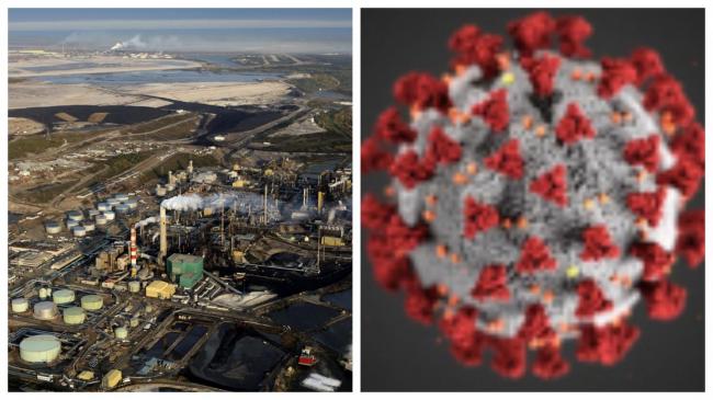 Oilsands in Alberta. Photograph by Andrew S Wright and Coronavirus image