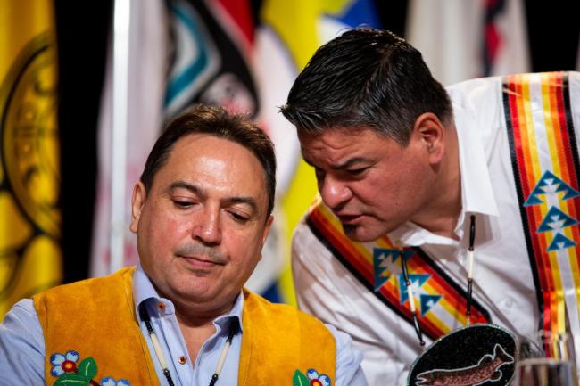 Assembly of First Nations Chief Perry Bellegarde speaks with Ontario Regional Chief Isadore Day at an AFN Special Chiefs Assembly on May 2. Photo by Alex Tétreault