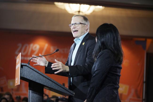 Peter Julian speaks to supporters at the NDP celebration at the Hilton Vancouver Metrotown. Photograph By LISA KING