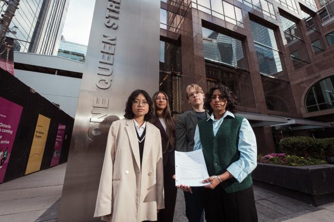 Travis Olson, Aliya Hirji, Rav Singh, and Chloe Tse, with support from Goldblatt Partners LLP and Ecojustice, are challenging the Canada Pension Plan Investment Board in court. Photo by Joshua Best / Courtesy of Ecojustice