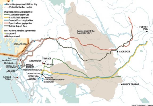 Four pipelines needed to carry natural gas to LNG plants on the B.C. pas through dozens of First Nations communities. | Source: Ecotrust Canada