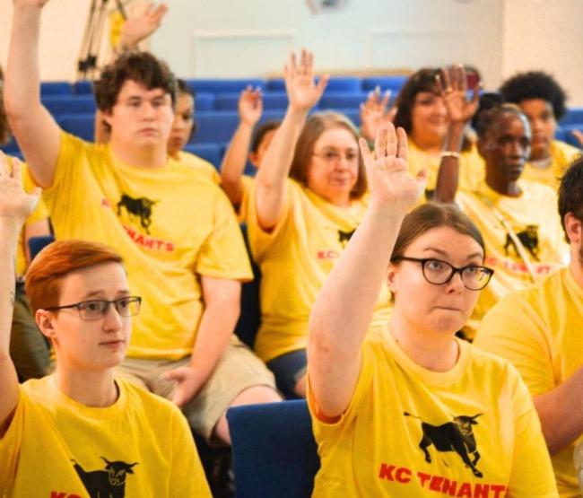 Tenants union members vote to strike over poor conditions at Independence Towers in Kansas City, Mo., in 2024. Courtesy of Kansas City Tenants