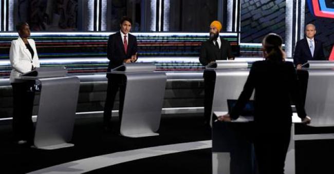 Green Party Leader Annamie Paul, Liberal Leader Justin Trudeau, left to right, NDP Leader Jagmeet Singh, and Conservative Leader Erin O'Toole take part in the federal election English-language Leaders debate in Gatineau, Que., on Thursday, Sept. 9, 2021. THE CANADIAN PRESS/Justin Tang Photo: Justin Tang / The Canadian Press