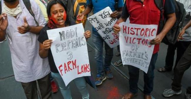 Various student unions took to the streets of Kolkata, India on November 19, 2021 to celebrate and congratulate the farmers on the retraction of farm laws against which they have been protesting for a year. (Photo: Debarchan Chatterjee/NurPhoto via Getty Images)