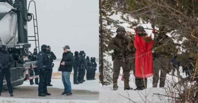 First Nations leaders are asking why protesters at a blockade of a crucial border crossing at Coutts, Alta., are not being arrested under Alberta's Critical Infrastructure Defence Act. The act was created in 2020 by Alberta Premier Jason Kenney in response to Indigenous-led blockades in Alberta. Across Canada, Indigenous land defenders have faced militarized police responses, including on Wet'suwet'en territory. Photos: Amber Bracken