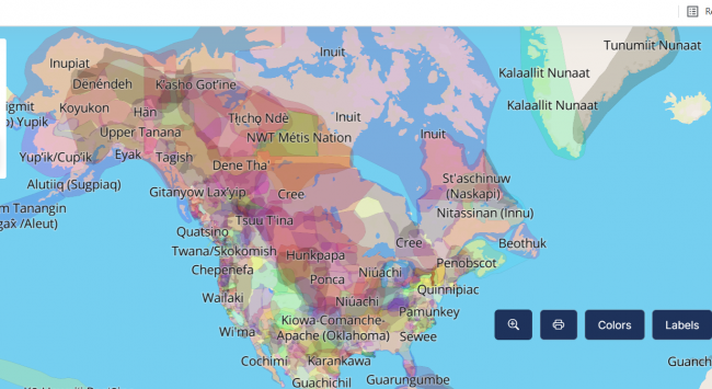 A portion of a map that erases the borders Colonial powers drew, and shows instead the Indigenous territories, treaties and languages of North America. Native Land Digital, CC BY-SA