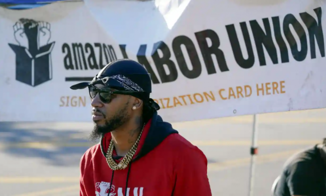 Chris Smalls, president of the Amazon Labor Union, helped co-ordinate the triumphant unionization effort at Amazon’s Staten Island, New York, warehouse. Photograph: Seth Wenig/AP