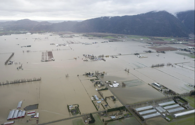 Floodwaters are seen from the air in Abbotsford, B.C., on Nov. 23, 2021. File photo by The Canadian Press/Jonathan Hayward