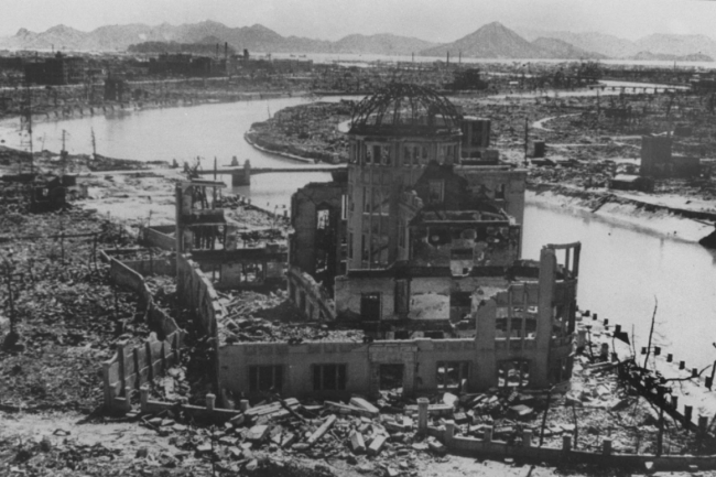 A photo dated September 1945 of the remains of the Prefectural Industry Promotion Building after the atomic bombing of Hiroshima. AFP VIA GETTY IMAGES