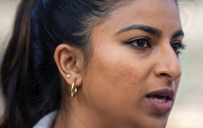 BC NDP leadership candidate Anjali Appadurai addresses the media during a news conference in downtown Vancouver, Wednesday, Oct. 19, 2022. THE CANADIAN PRESS/Jonathan Hayward