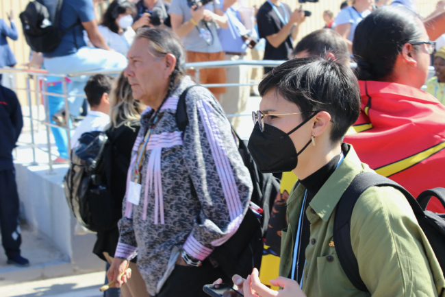 Eriel Tchekwie Deranger at a protest at COP27 in Sharm el-Sheikh, Egypt. Deranger critiques how carbon markets may affect Indigenous nations. Photo by John Woodside / Canada's National Observer