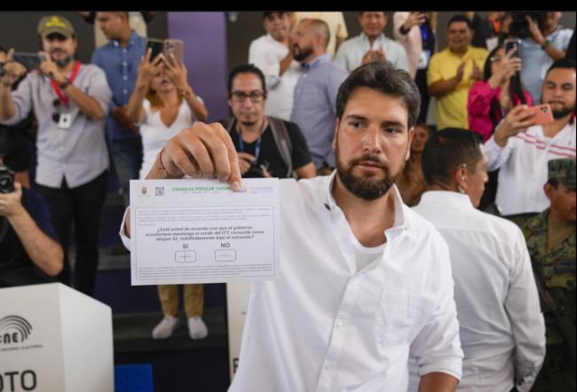 [Top photo: Presidential candidate Jan Topic, of the Country Without Fear Coalition, shows his ballot in a referendum on whether the country should ban oil operations in the Amazons during a snap election in Gyayaquil, Ecuador, Sunday, Aug. 20, 2023.  In a historic decision, Ecuadorians voted on Sunday against the oil drilling of Yasuni National Park, which is a protected area in the Amazon the home to two uncontacted tribes and serves as a biodiversity hotspot. (AP Photo/Martin Mejia, File)]