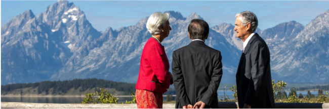 European Central Bank President Christine Lagarde (L), Bank of Japan Gov. Kazuo Ueda (C), and U.S. Federal Reserve Chair Jerome Powell (R) speak during the Jackson Hole Economic Symposium at Jackson Lake Lodge in Wyoming on August 25, 2023. (Photo: Natalie Behring/Getty Images)