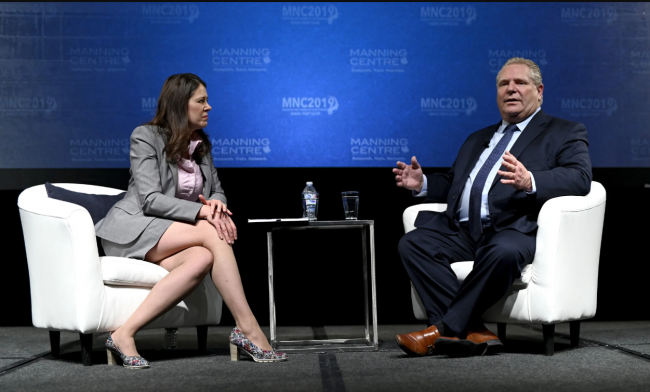 Ontario Premier Doug Ford participates in a discussion with future Alberta Premier Danielle Smith at the 2019 Manning Networking Conference in Ottawa. THE CANADIAN PRESS/Justin Tang