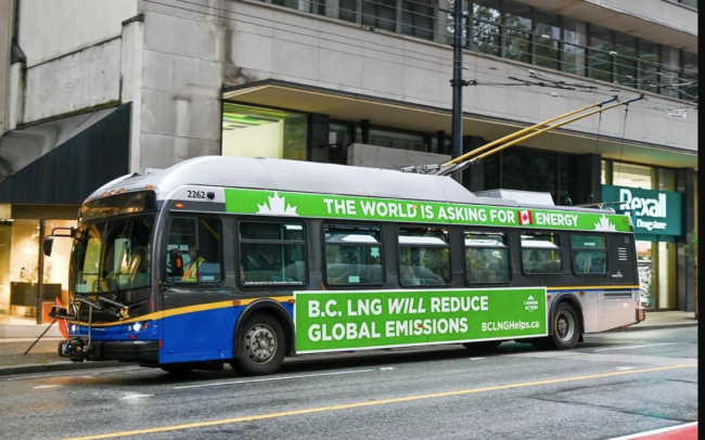 The Gitanyow and climate critics are calling on the province and federal government to tackle false advertising on LNG. Canada Action bus ad / screenshot
