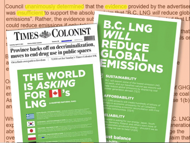 Claims made about LNG in wraparound ads that ran in major daily newspapers, including the Victoria Times Colonist, could not be substantiated by Ad Standards Canada, a leaked document reveals. Ads from the Times Colonist. Collage by The Tyee.