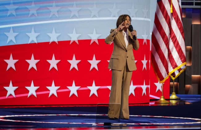 Democratic presidential candidate, Vice President Kamala Harris speaks onstage during the first day of the Democratic National Convention at the United Center on August 19, 2024, in Chicago, Illinois. Alex Wong / Getty Images