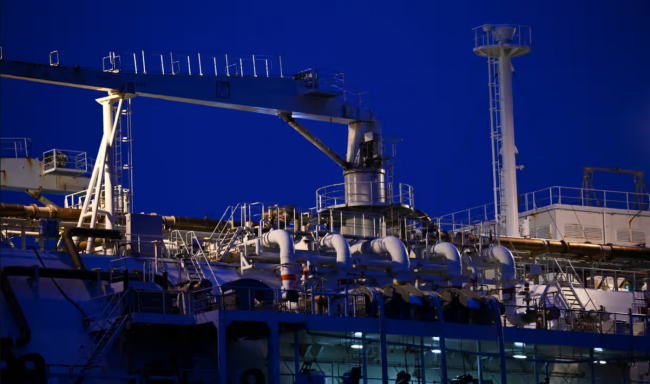 Pipe systems on a floating liquefied natural gas terminal during the inauguration of the Deutsche Ostsee terminal in the port of Lubmin, Germany, in January 2023. Photograph: Annegret Hilse/Reuters