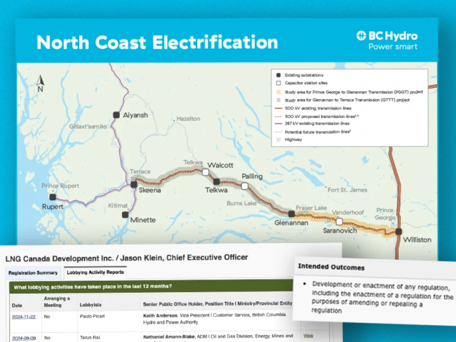 The LNG industry is depending on the North Coast Transmission Line to deliver renewable energy to gas export facilities on the north coast. The BC government plans to exempt it from an environmental assessment. Map via BC Hydro; inset images via BC Lobbyists Registry.