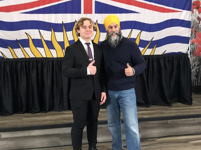 NDP candidate Jäger Rosenberg, the election’s youngest candidate, and leader Jagmeet Singh during the campaign. Photo supplied.
