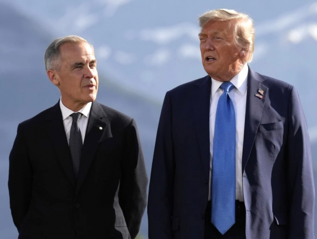 Dropping of the guard? Canadian Prime Minister Mark Carney and US President Donald Trump at the G7 summit. Photo by Mark Schiefelbein, the Associated Press.