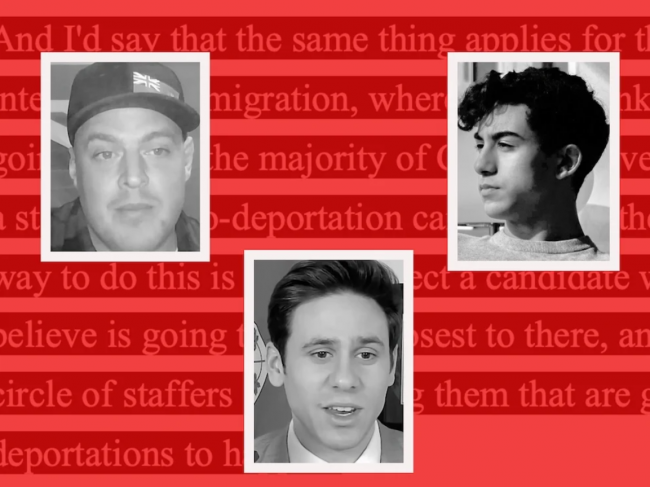 Last August, Alex Vriend, left, Daniel Tyrie, centre, and Othman Mekhloufi, right, participated in a Spaces call to discuss how to influence mainstream Conservative parties to adopt anti-immigration policies. Photo illustration by The Tyee. Vriend and Tyrie photos are video stills from a CBC report and YouTube. Mekhloufi photo submitted.
