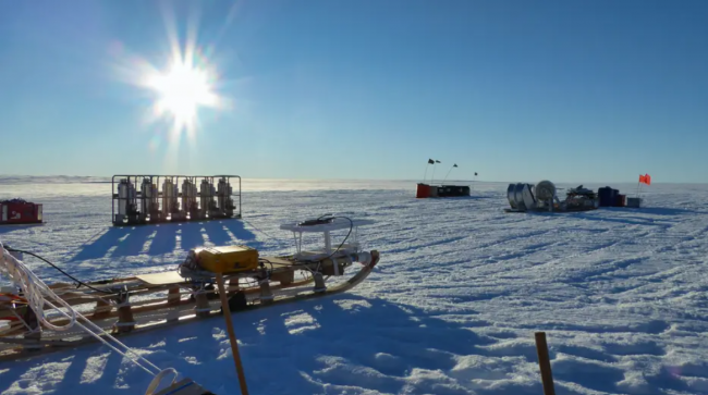 Image of sled at a research station near the Thwaites Glacier in Antarctica. Image courtesy of Peter Davis / British Antarctic Survey