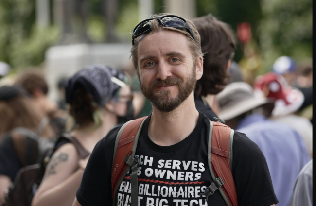 Guerric Haché, an organizer with NO AI Vancouver, a group founded by 18-year-old university student Torin LaRocque to oppose proposed AI data centres in the city. Photo by: Sonal Gupta / Canada’s National Observer.