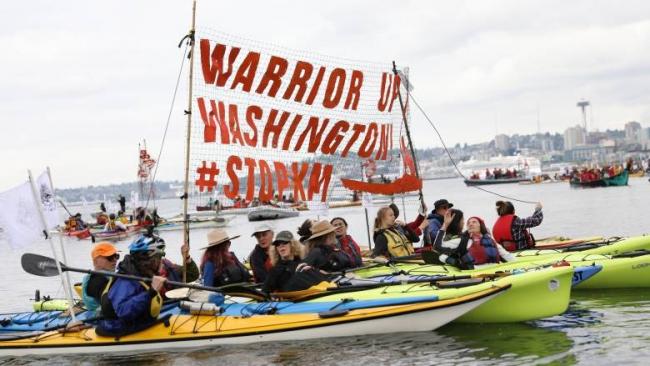 Those protesting included members from various environmental groups, such as Greenpeace USA, Protectors of the Salish Sea and 350 Seattle. (Briar Stewart/CBC)