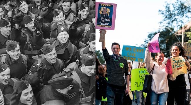 Young people have stepped up to serve before; a youth mobilization to confront the climate emergency could be just what Canada needs. Photos by Royal Air Force official photographer Woodbine G (left), Lewis Parsons / Unsplash (right)