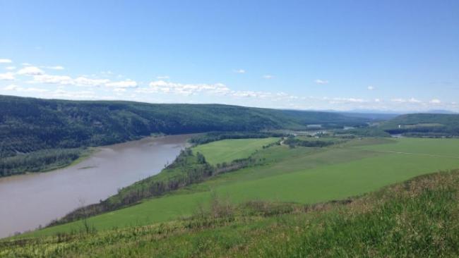 Part of the Peace River valley scheduled to be flooded in order to build the Site C dam in northeastern British Columbia. Dene leaders in the N.W.T. are calling for an immediate halt on construction of the Site C Dam, saying it violates treaty rights on their traditional homeland. (Justin McElroy/CBC)