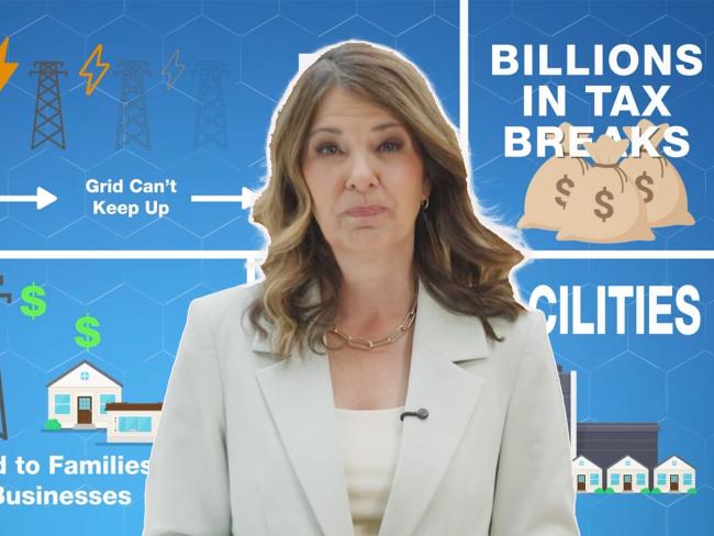 Danielle Smith’s latest video attempts to sell data centres to the people of Alberta. Photo illustration by The Tyee.