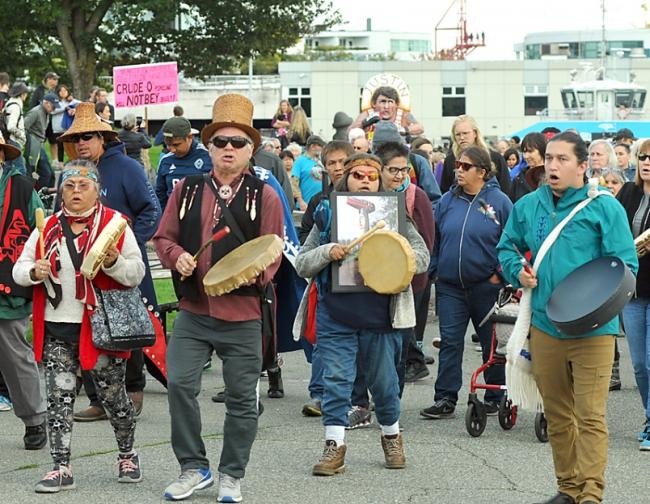 Drummers against the Trans Mountain project at a previous protest. North Shore News file photo