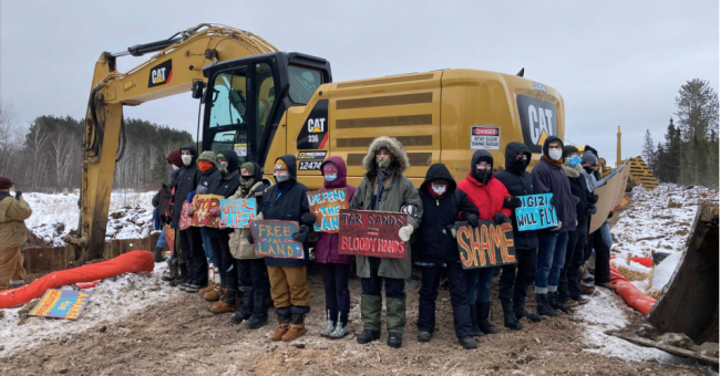 Water protectors protested at a construction site for the Line 3 pipeline near Cloquet, Minnesota on February 2, 2021. (Photo: Line 3 Media Collective)
