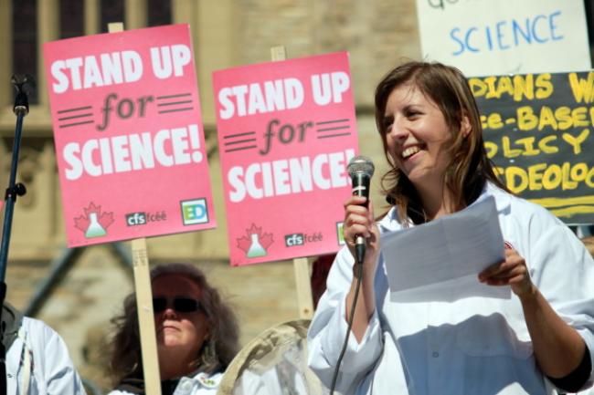 Dr. Katie Gibbs speaks at a Stand Up for Science rally at Parliament Hill in Ottowa last September. (Evidence for Democracy / Kevin O’Donnell)