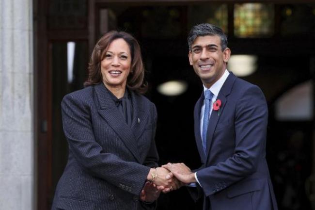 Prime Minister Rishi Sunak welcomes US Vice-President Kamala Harris, during the AI safety summit, the first global summit on the safe use of artificial intelligence, at Bletchley Park in Milton Keynes, Buckinghamshire. Thursday November 2, 2023,Press Association via AP Images