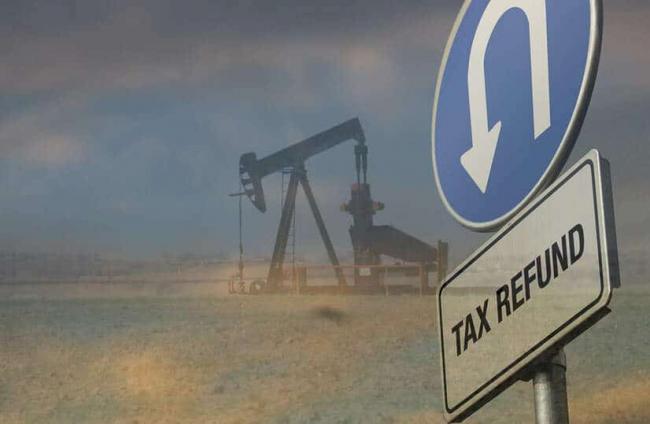 Tax refund graphic - Taxes U-turn Sign. Credit: efile989, CC BY-SA 2.0 and Oil Well Credit: Maarten Heerlein, CC BY 2.0. Adapted by: Justin Mikulka