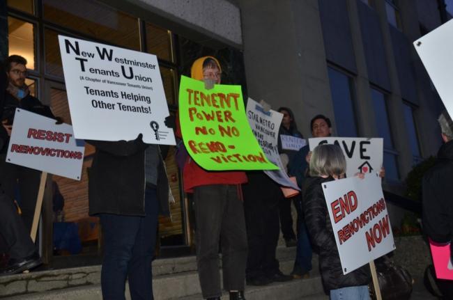 Tenants descended on New Westminster City Hall in February 2019 to support the city's plan to take action to prevent renovictions.Record/File
