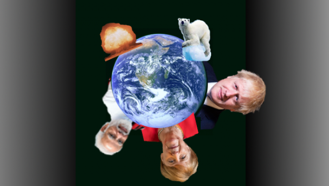 image of globe under threat with heads of leaders, polar bear, nuclear explosion