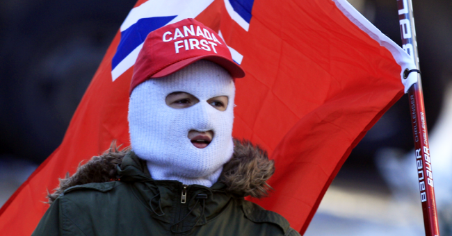 Canada First cap and masked face