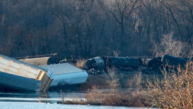Train cars lie overturned outside of Alma, Wis. after derailing on Saturday, Nov. 7, 2015. A CP train derailed Sunday in the state - federal investigators and hazardous material specialists are on their way to that scene near Watertown, Wis. (Aaron Lavinsky/Star Tribune/Associated Press)