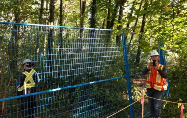 Tree sitters aiming to block the Trans Mountain pipeline route in a Burnaby forest say they are “under siege” after contractors erected blue fencing around their protest site on Tuesday.@Honu139/Twitter