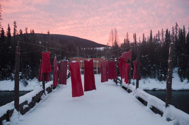 A rare pink sunrise at the Unist’ot’en Healing centre, as police prepare for their second day of injunction enforcement near Houston, B.C. on Friday Feb. 7. Photo: Amber Bracken / The Narwhal
