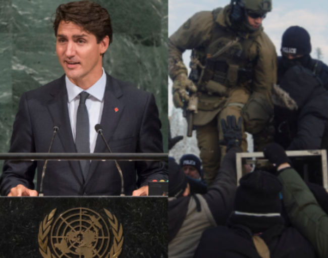 Photos: Prime Minister Trudeau addresses the United Nations in September 2016, the RCMP raid Wet’suwet’en territory in January 2019.