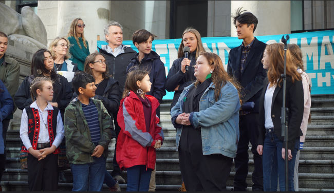 Some of the 15 young people suing the federal government speak to a climate protest in Vancouver on Oct. 25, 2019, the day they launched their legal challenge. Photo supplied by David Suzuki Foundation