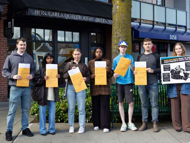 In May this group delivered about 100 cover letter applications to BC MP Carla Qualtrough for good, green jobs that don’t yet exist to show support for a national Youth Climate Corps. Photo by Paola Alvarez.