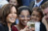 U.S. Vice President and Democratic presidential candidate Kamala Harris poses with supporters during a campaign event at Ripon College in Ripon, Wisconsin, October 3, 2024. (Photo by Kamil Krzaczynski/AFP via Getty Images)