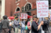 Protestors marching on May 23 raised concerns about the impact of the AI data centres as Metro Vancouver faces tighter water restrictions. (Anaïs Elboujdaïni/Radio-Canada)