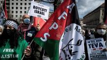 A pro-Palestinian demonstration in Lyon, France, before the trial of political activist Olivia Zemor for her call to boycott the Israeli pharmaceutical company Teva, March 16, 2021. (Photo/JTA-Jeff Pachoud-AFP via Getty Images)